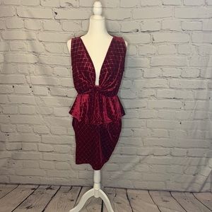 Red velvet sparkle glitter peplum deep v neck dress ❤️ PLUS ❤️